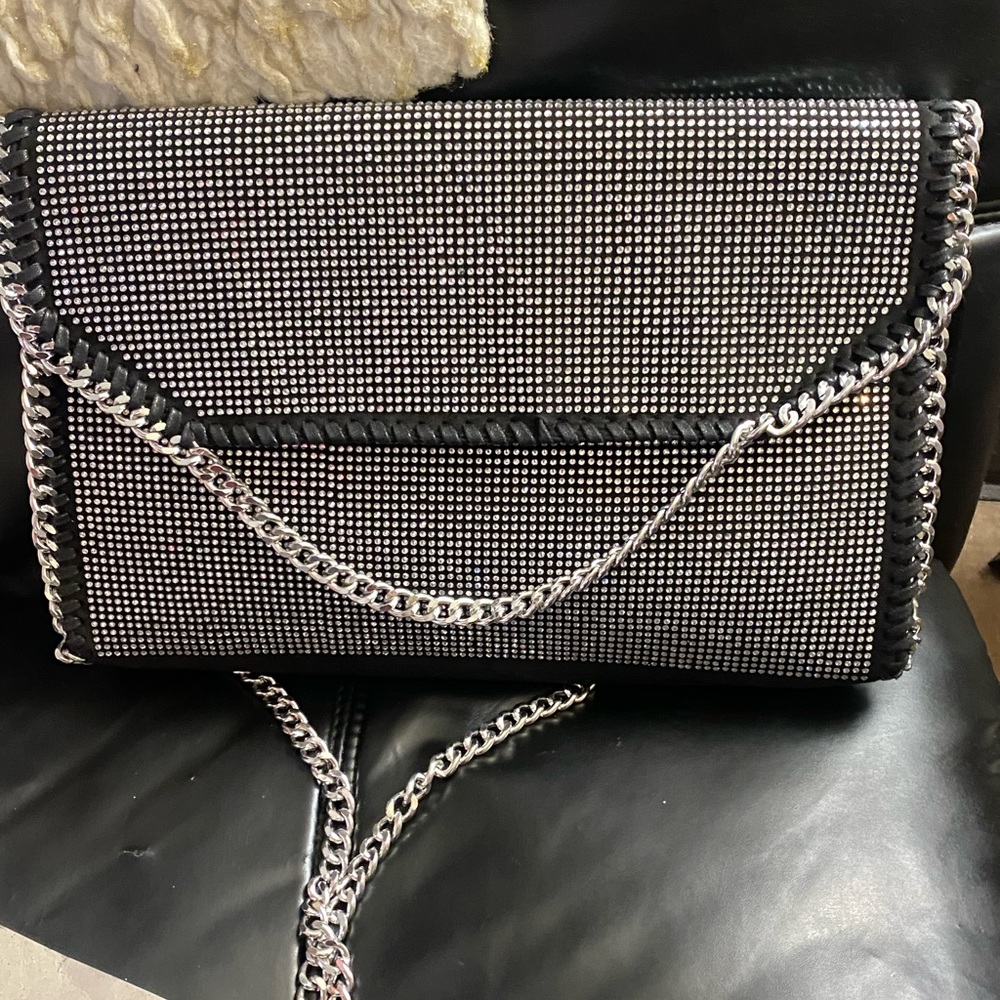 Black and Silver Rhinestone Clutch with Chain Trim